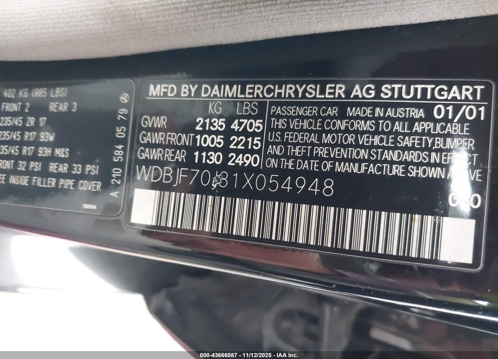 2001 MERCEDES-BENZ E 430 VIN: WDBJF70J81X054948
