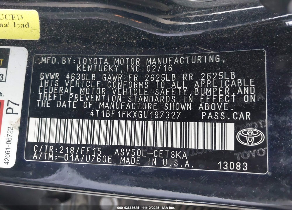 2016 TOYOTA CAMRY SE VIN: 4T1BF1FKXGU197327