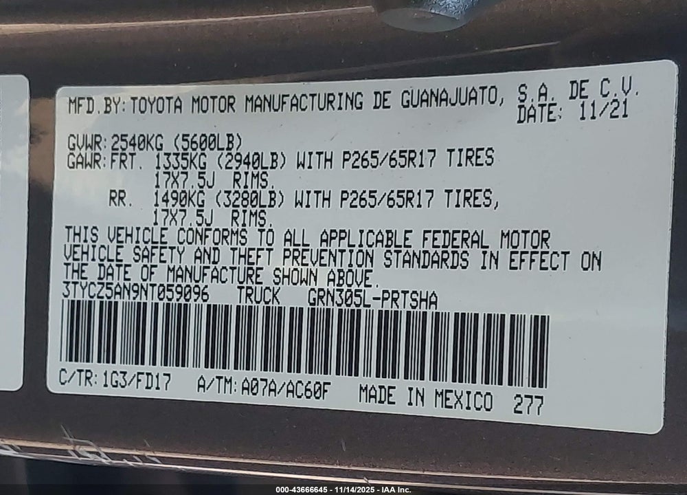 2022 TOYOTA TACOMA TRD SPORT VIN: 3TYCZ5AN9NT059096