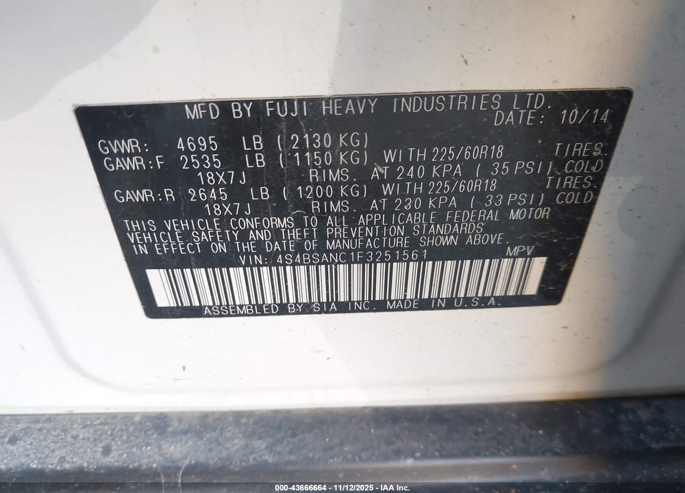 2015 SUBARU OUTBACK 2.5I LIMITED VIN: 4S4BSANC1F3251561
