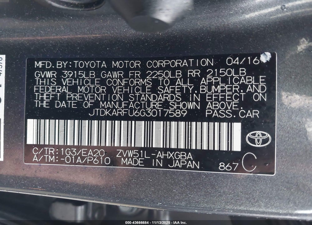 2016 TOYOTA PRIUS FOUR VIN: JTDKARFU6G3017589