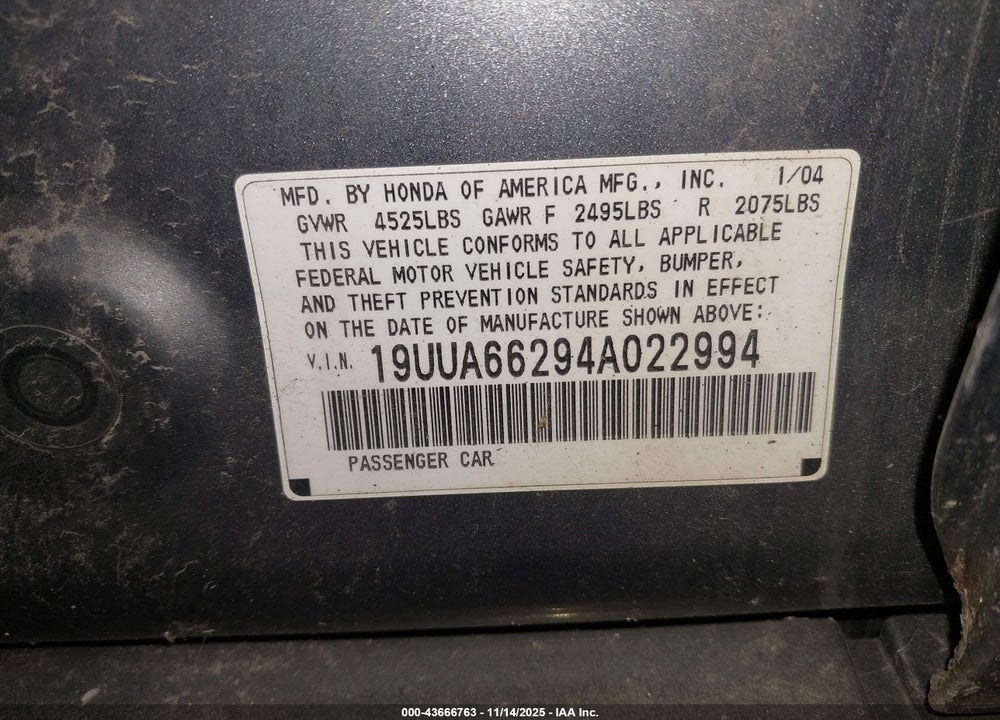 2004 ACURA TL VIN: 19UUA66294A022994