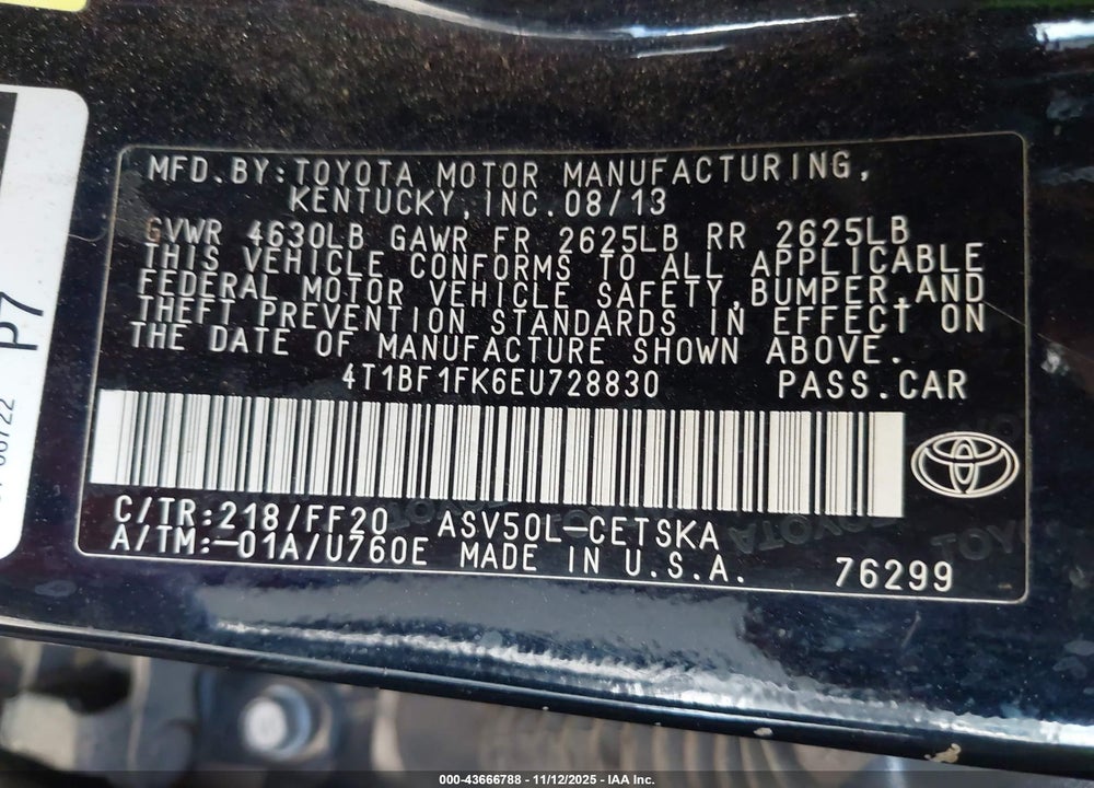 2014 TOYOTA CAMRY SE VIN: 4T1BF1FK6EU728830