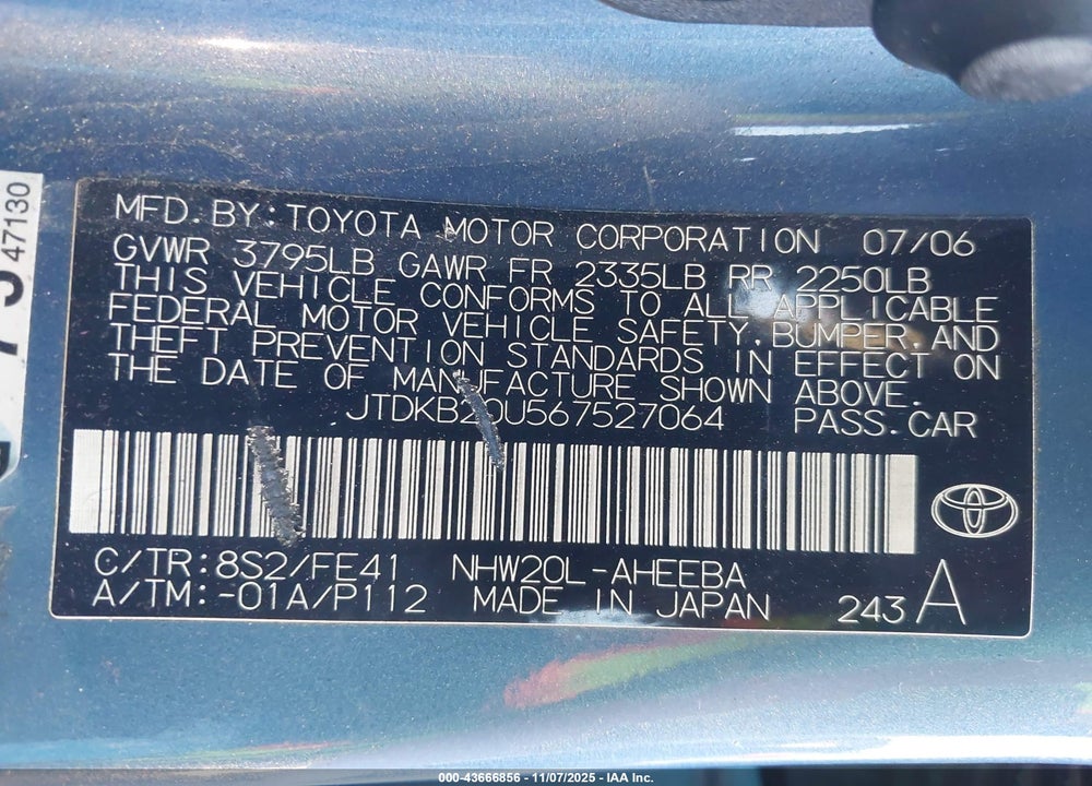 2006 TOYOTA PRIUS VIN: JTDKB20U567527064