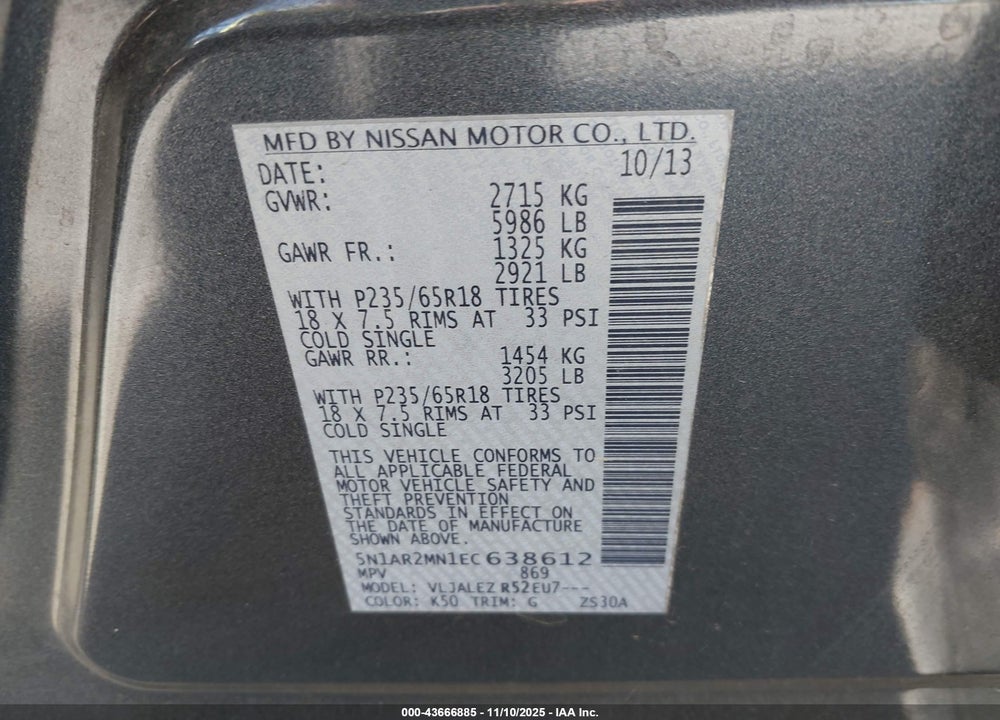 2014 NISSAN PATHFINDER SV VIN: 5N1AR2MN1EC638612