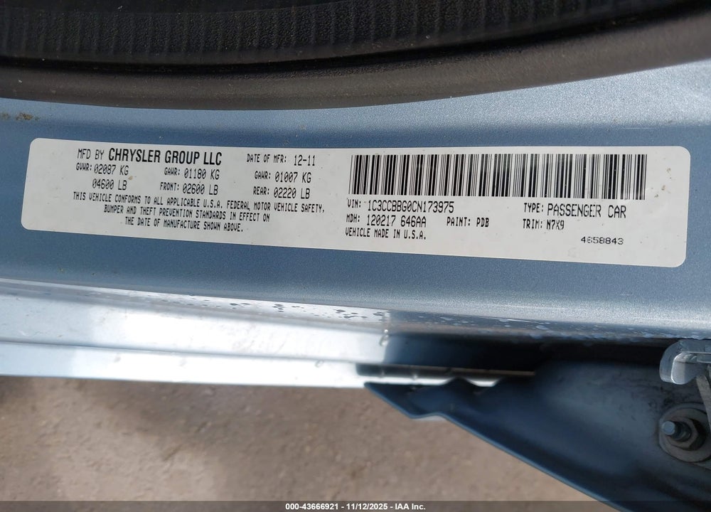 2012 CHRYSLER 200 TOURING VIN: 1C3CCBBG0CN173975