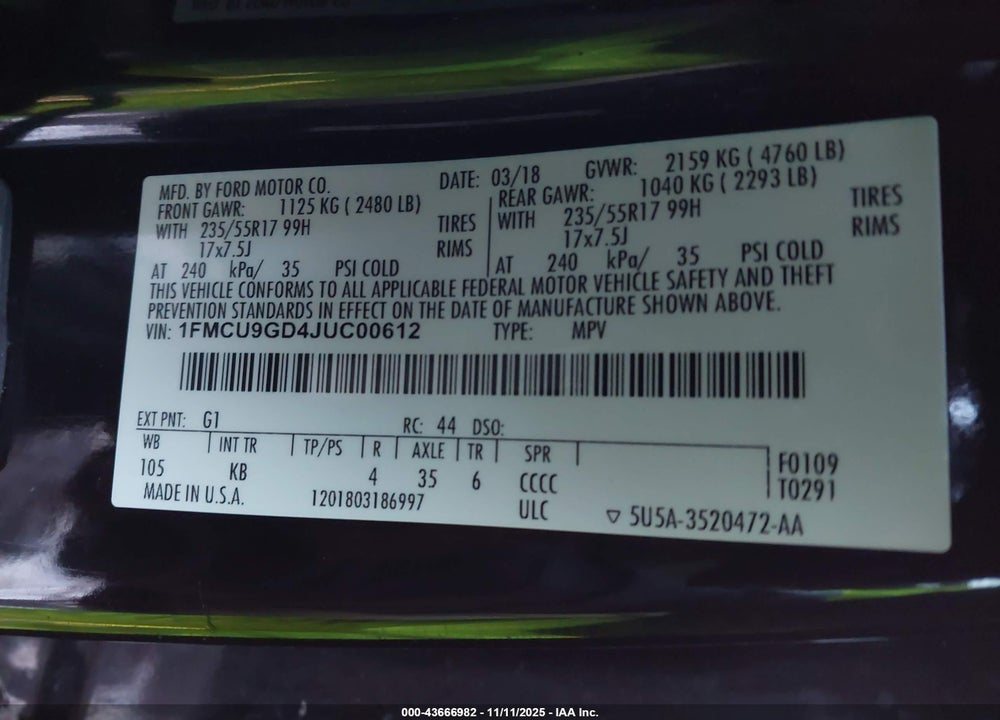 2018 FORD ESCAPE SE VIN: 1FMCU9GD4JUC00612