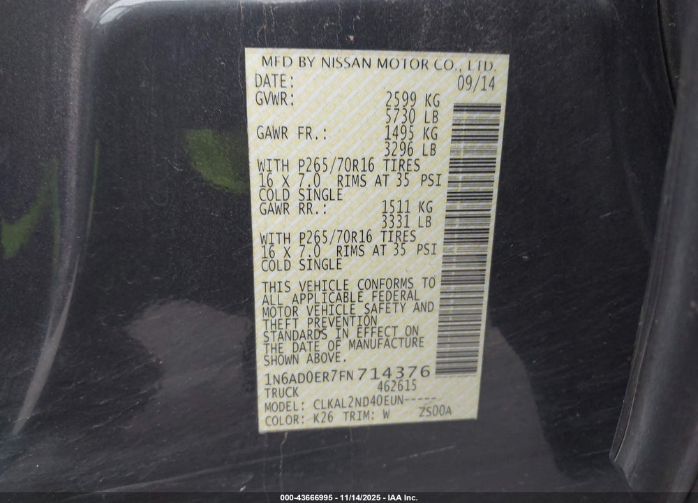 2015 NISSAN FRONTIER VIN: 1N6AD0ER7FN714376
