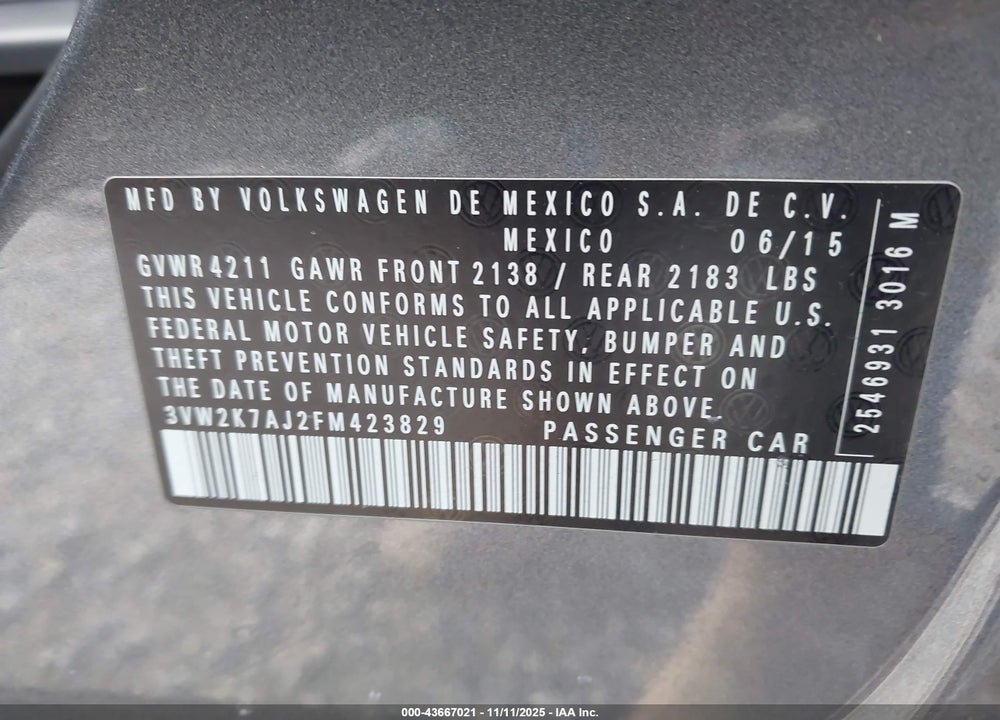 2015 VOLKSWAGEN JETTA VIN: 3VW2K7AJ2FM423829