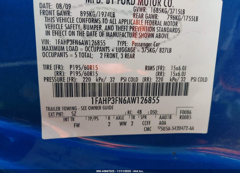 2010 FORD FOCUS VIN: 1FAHP3FN6AW126855