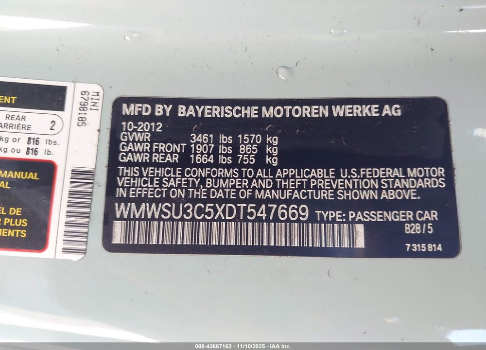 2013 MINI HARDTOP COOPER VIN: WMWSU3C5XDT547669