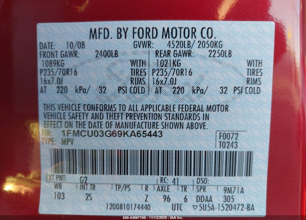 2009 FORD ESCAPE XLT VIN: 1FMCU03G69KA65443