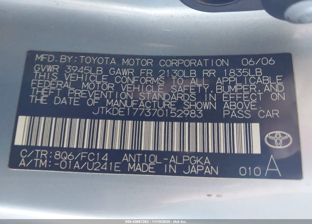 2007 SCION TC VIN: JTKDE177370152983
