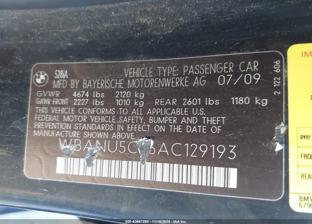 2010 BMW 528I VIN: WBANU5C56AC129193