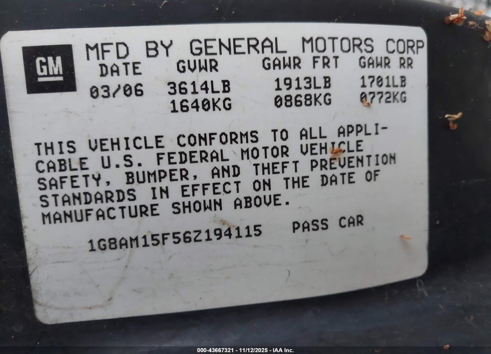 2006 SATURN ION 2 VIN: 1G8AM15F56Z194115
