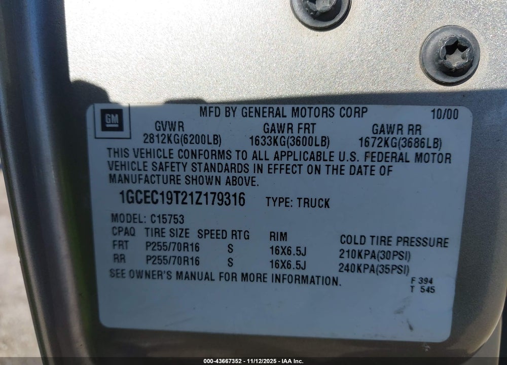 2001 CHEVROLET SILVERADO 1500 LS VIN: 1GCEC19T21Z179316