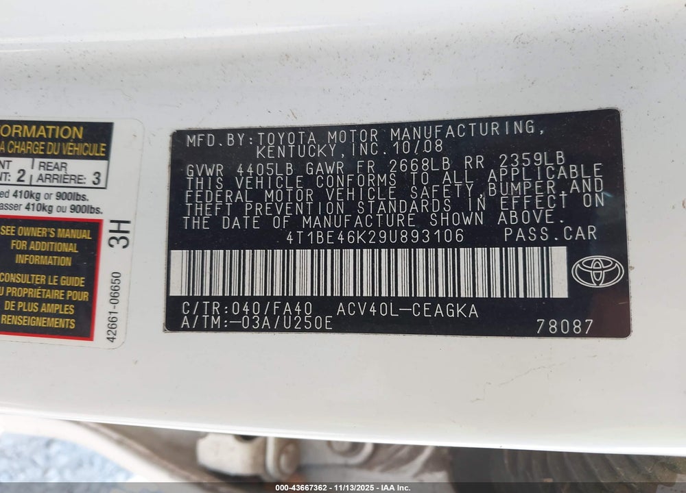 2009 TOYOTA CAMRY VIN: 4T1BE46K29U893106