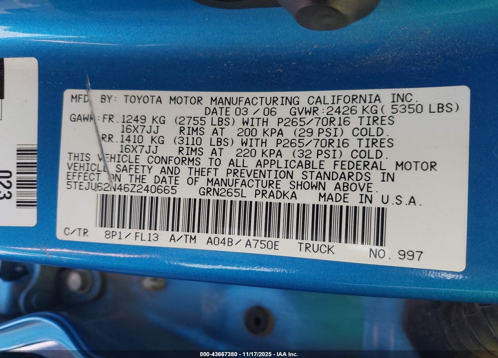 2006 TOYOTA TACOMA PRERUNNER V6 VIN: 5TEJU62N46Z240665