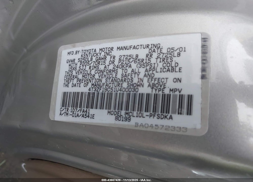 2001 TOYOTA SIENNA CE VIN: 4T3ZF19C51U400030