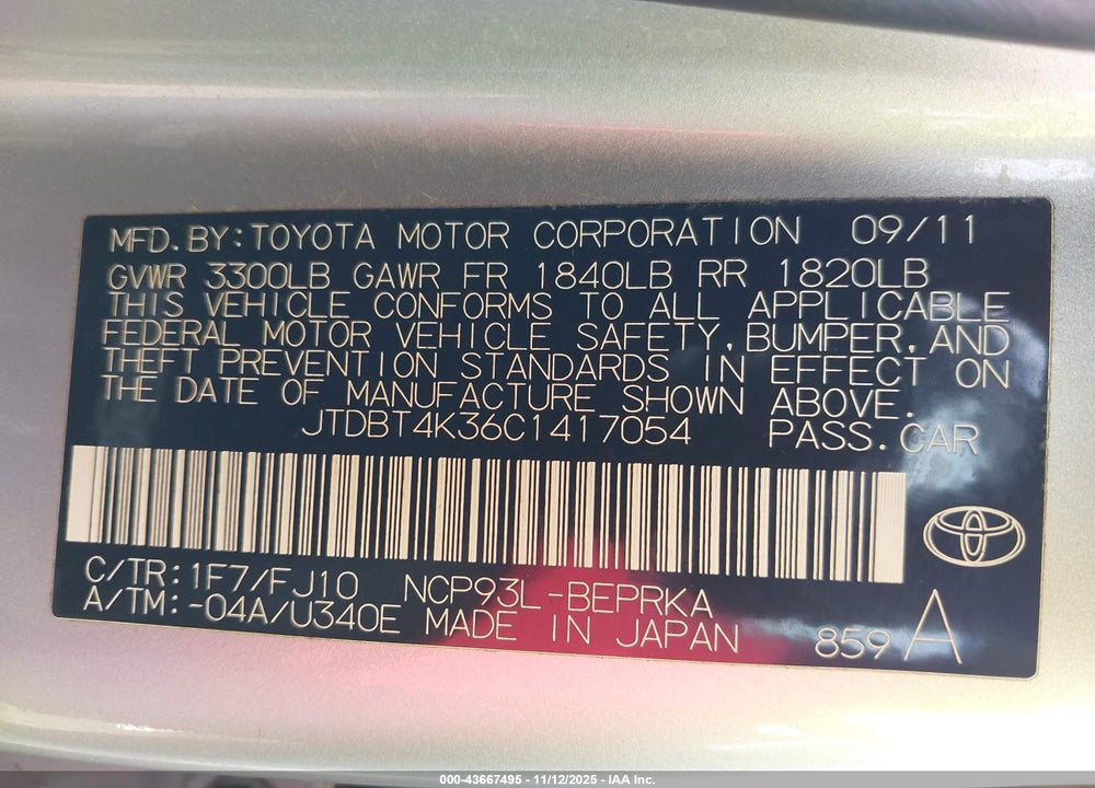 2012 TOYOTA YARIS VIN: JTDBT4K36C1417054