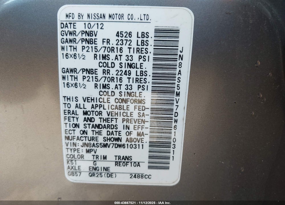 2013 NISSAN ROGUE S VIN: JN8AS5MV7DW610311