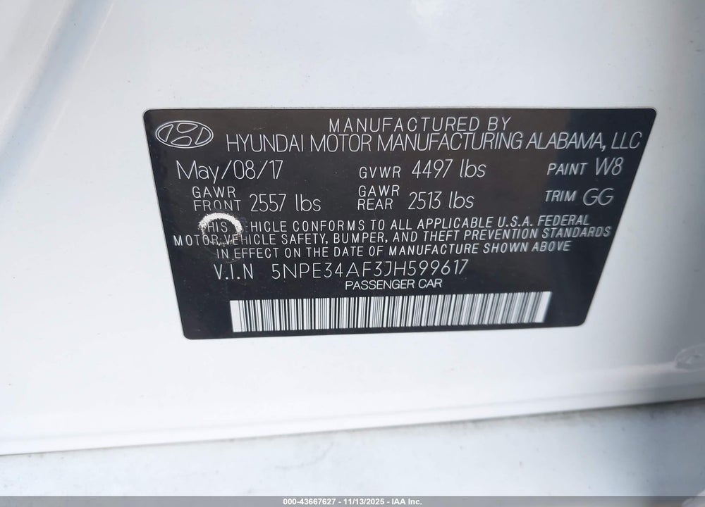 2018 HYUNDAI SONATA SEL VIN: 5NPE34AF3JH599617