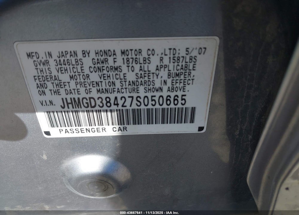 2007 HONDA FIT VIN: JHMGD38427S050665