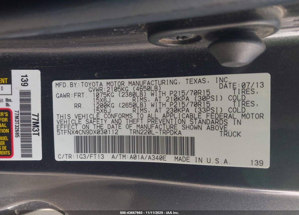 2013 TOYOTA TACOMA VIN: 5TFNX4CN9DX030112