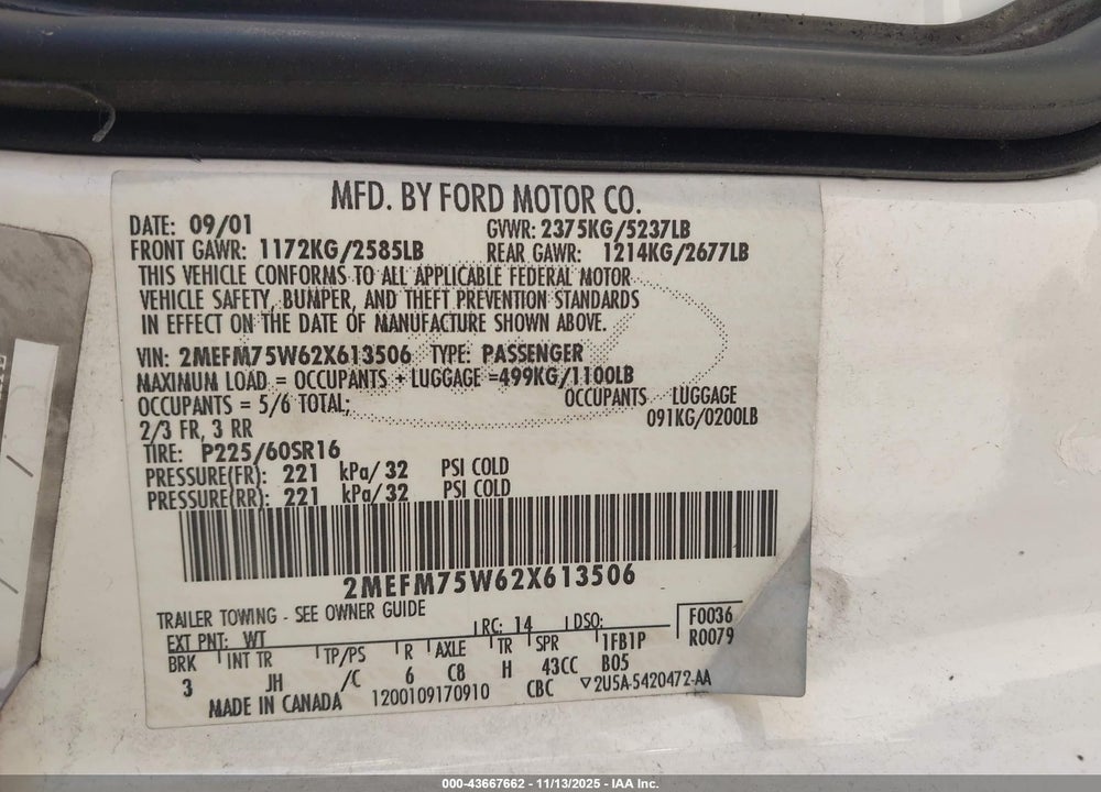 2002 MERCURY GRAND MARQUIS LS VIN: 2MEFM75W62X613506