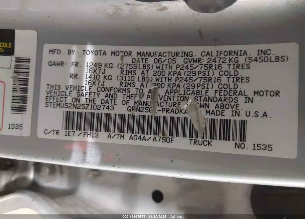 2005 TOYOTA TACOMA BASE V6 VIN: 5TEMU52N25Z102743