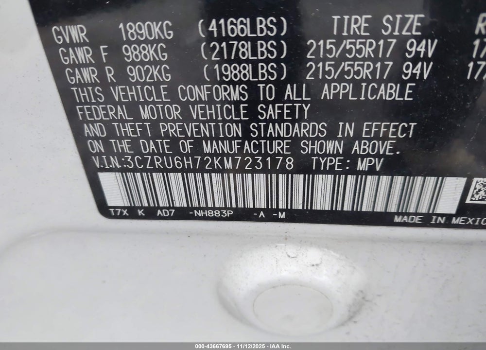 2019 HONDA HR-V EX-L VIN: 3CZRU6H72KM723178