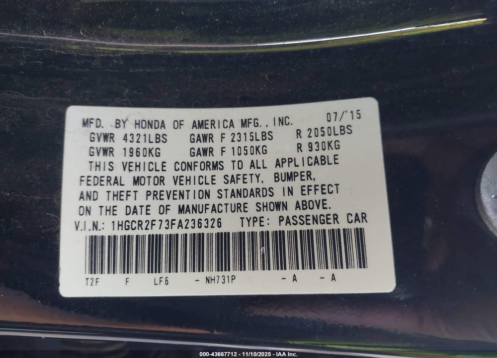 2015 HONDA ACCORD EX VIN: 1HGCR2F73FA236326