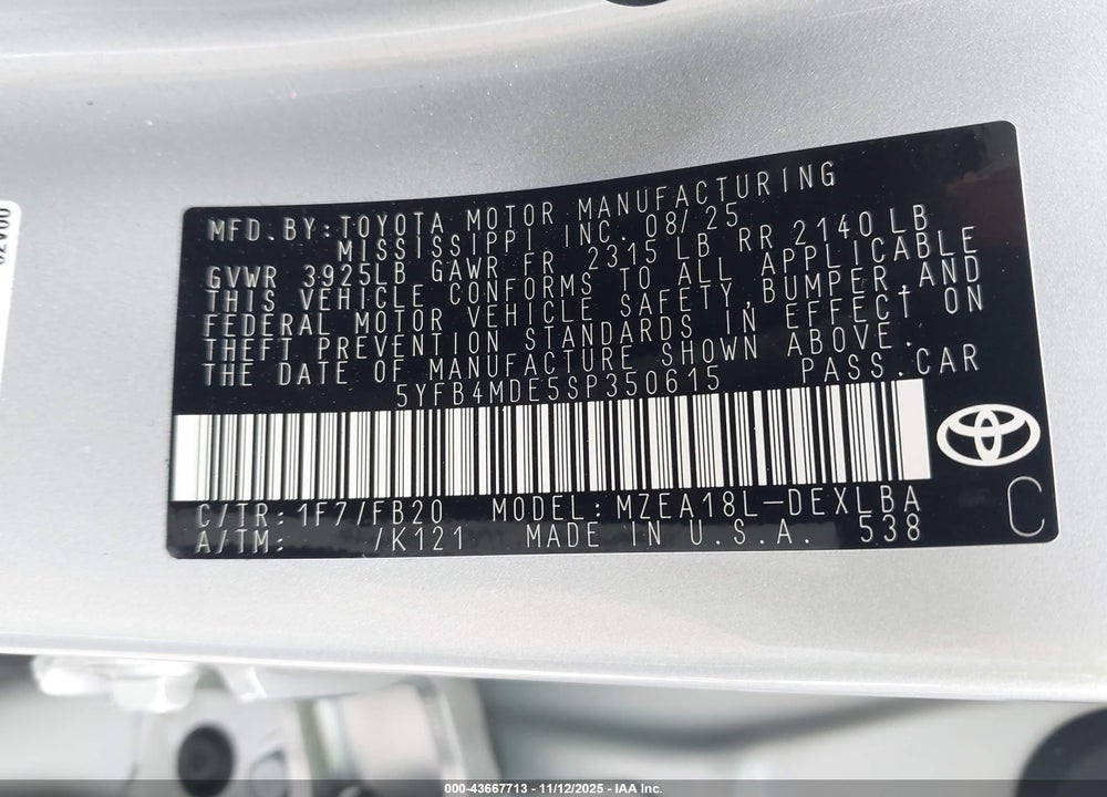 2025 TOYOTA COROLLA LE VIN: 5YFB4MDE5SP350615