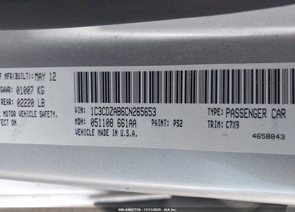 2012 DODGE AVENGER SE VIN: 1C3CDZAB6CN265653