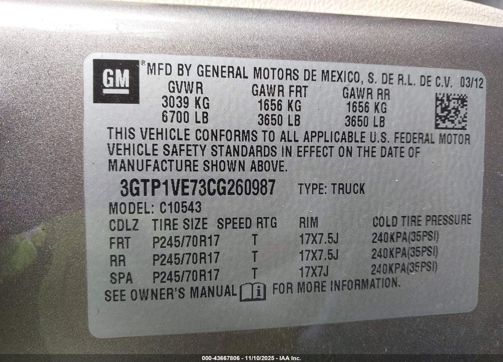 2012 GMC SIERRA 1500 XTRA FUEL ECONOMY VIN: 3GTP1VE73CG260987