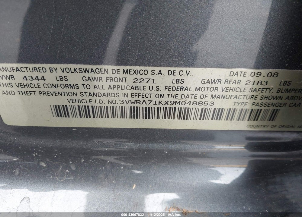 2009 VOLKSWAGEN JETTA WOLFSBURG EDITION VIN: 3VWRA71KX9M048853