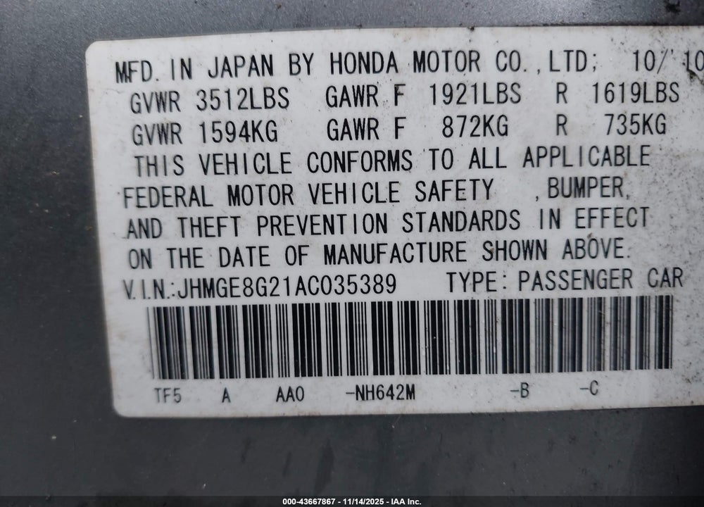 2010 HONDA FIT VIN: JHMGE8G21AC035389