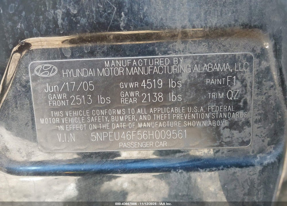 2006 HYUNDAI SONATA VIN: 5NPEU46F56H009561