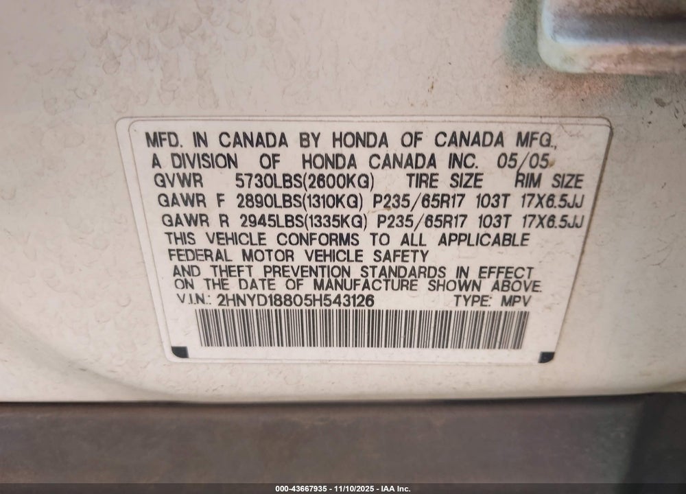 2005 ACURA MDX VIN: 2HNYD18805H543126