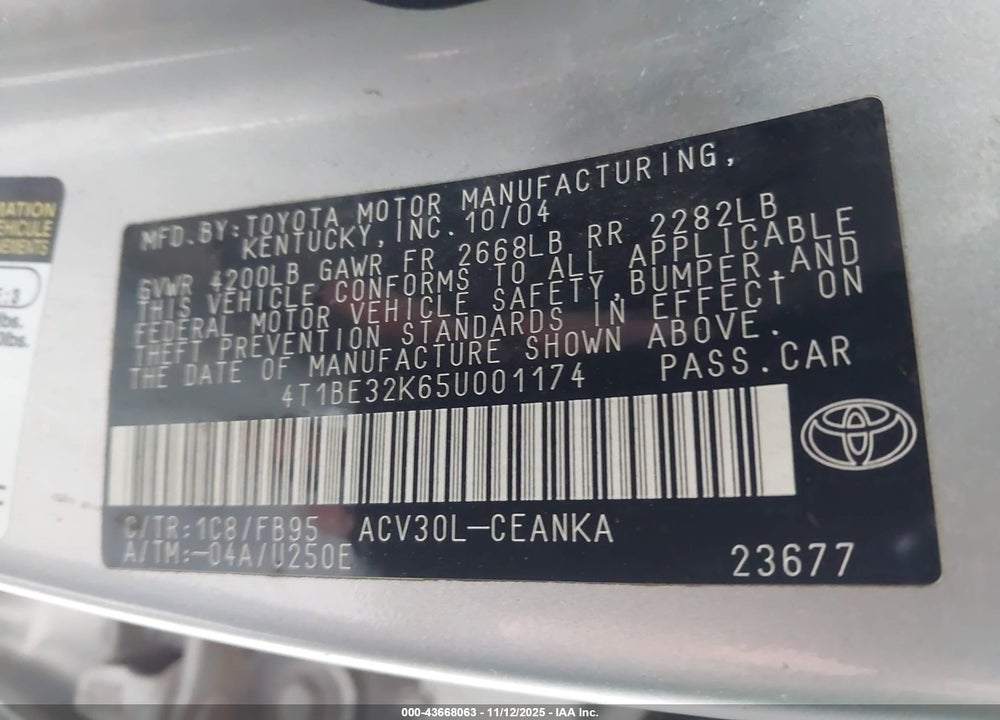 2005 TOYOTA CAMRY LE VIN: 4T1BE32K65U001174