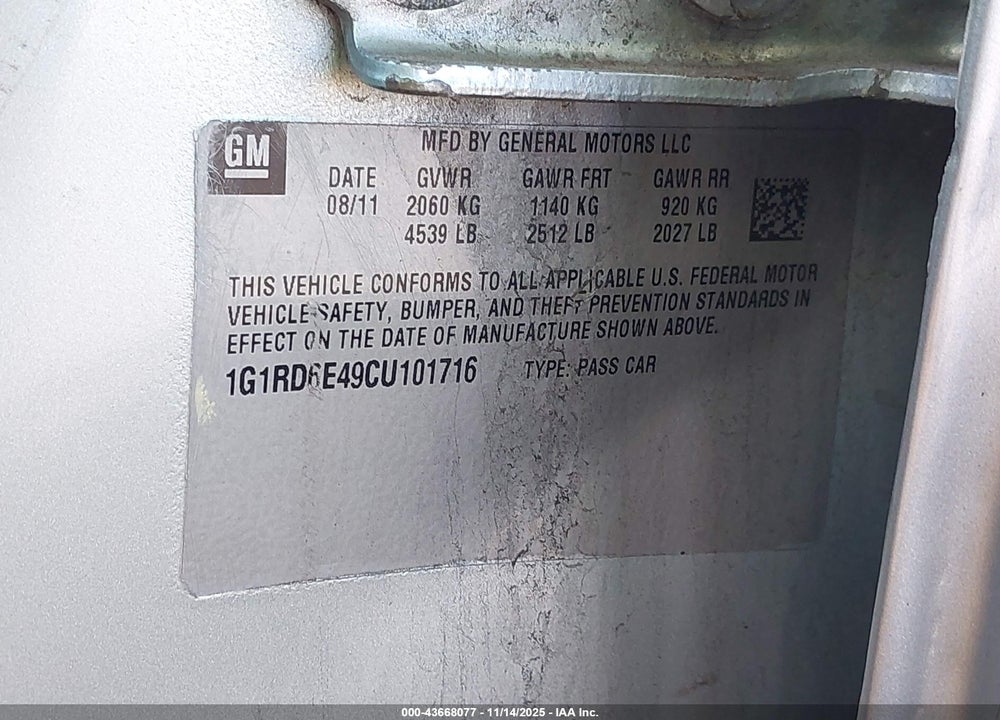2012 CHEVROLET VOLT VIN: 1G1RD6E49CU101716