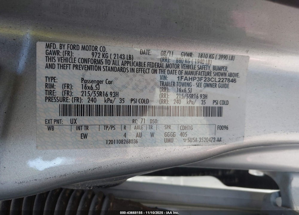 2012 FORD FOCUS SE VIN: 1FAHP3F23CL227846