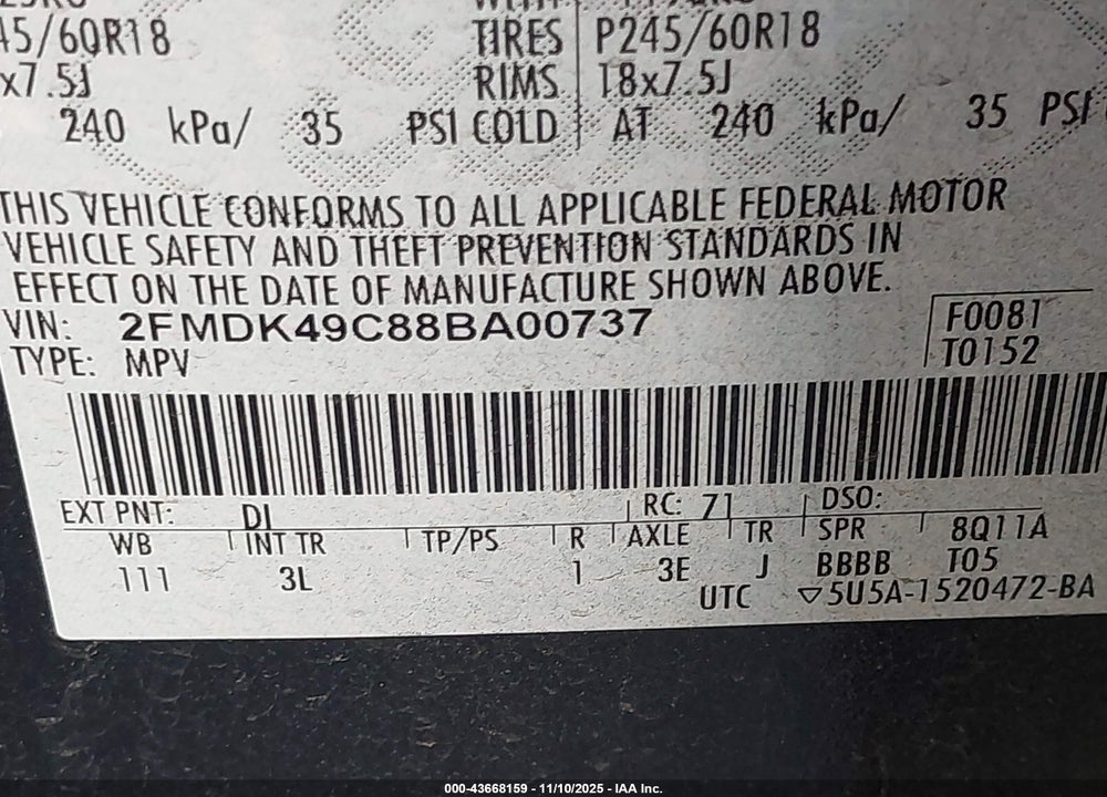 2008 FORD EDGE VIN: 2FMDK49C88BA00737