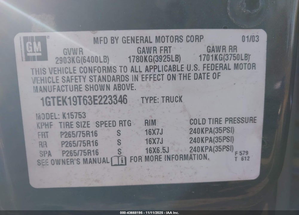 2003 GMC SIERRA 1500 SLE VIN: 1GTEK19T63E223346