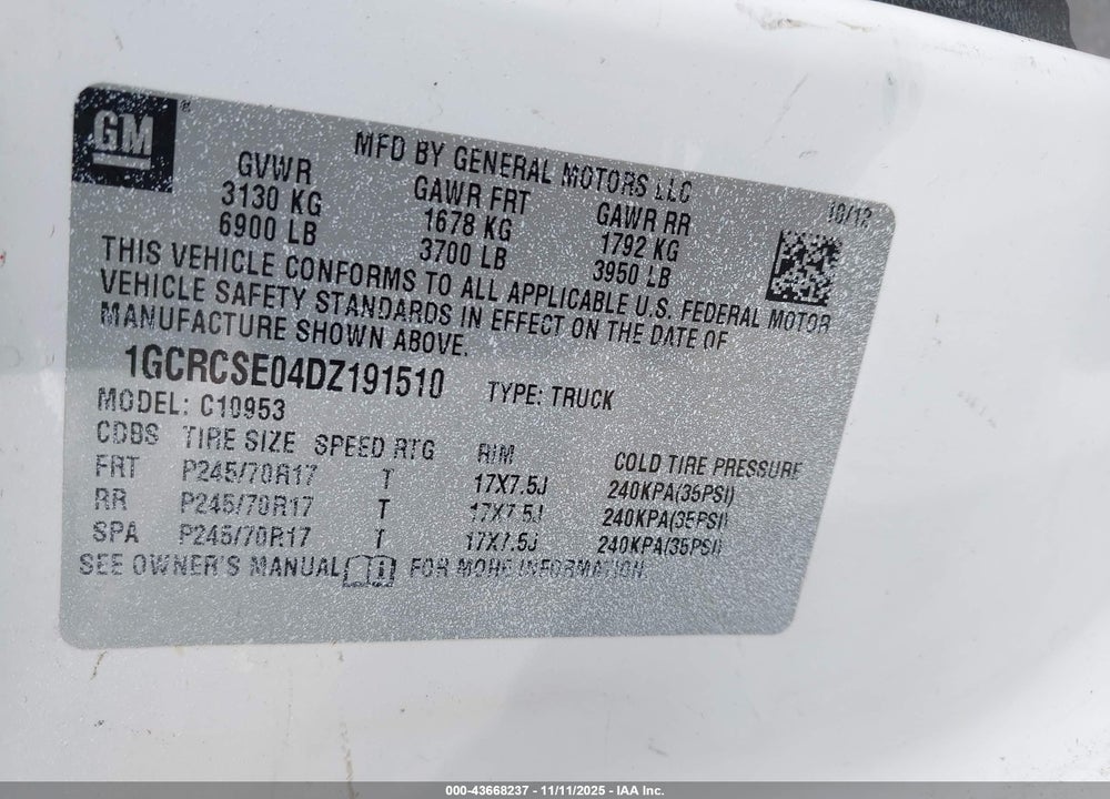 2013 CHEVROLET SILVERADO 1500 LT VIN: 1GCRCSE04DZ191510
