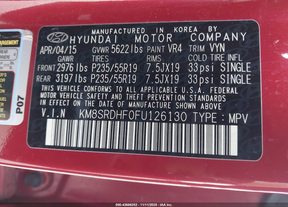 2015 HYUNDAI SANTA FE LIMITED VIN: KM8SRDHF0FU126130