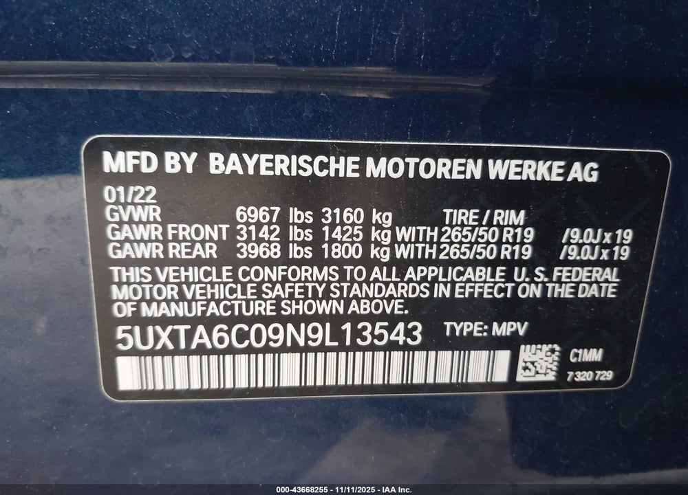 2022 BMW X5 PHEV XDRIVE45E VIN: 5UXTA6C09N9L13543