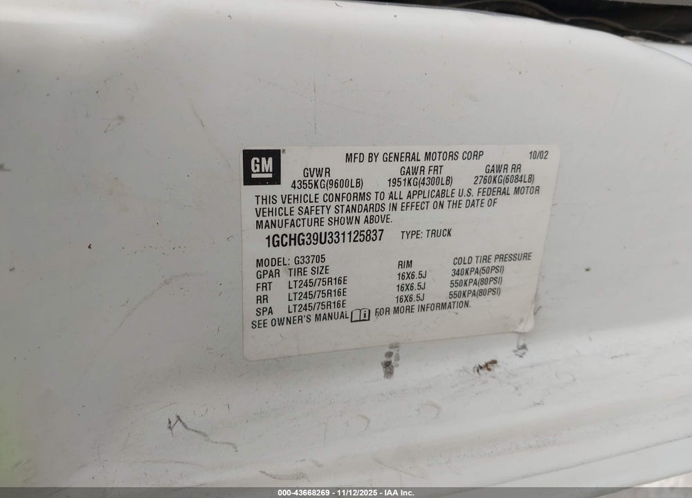 2003 CHEVROLET EXPRESS VIN: 1GCHG39U331125837