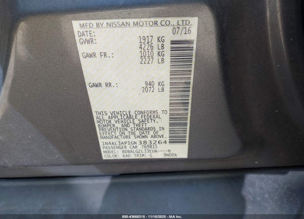 2016 NISSAN ALTIMA 2.5 S VIN: 1N4AL3AP1GN383264