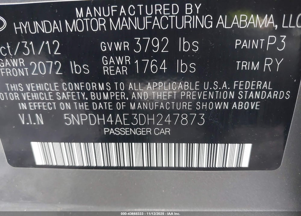 2013 HYUNDAI ELANTRA LIMITED VIN: 5NPDH4AE3DH247873